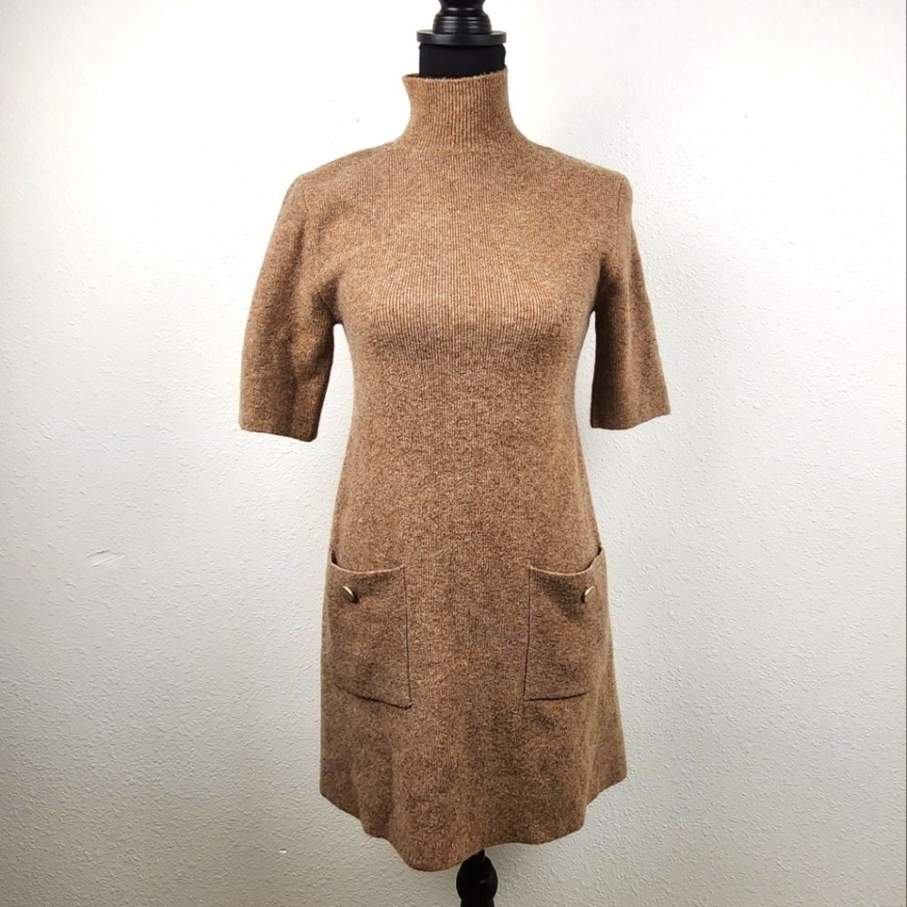 Zara Brown Knee Length High Neck Wool Blend Pockets Sweater Dress Size Small